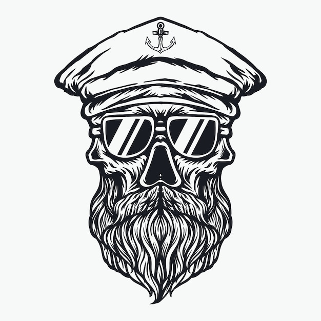 Ilustración de barba y bigote de capitán de barco de calavera