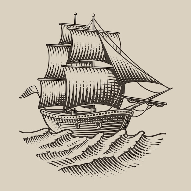 Vector ilustración de un barco de época en estilo de grabado sobre fondo blanco. aislado.