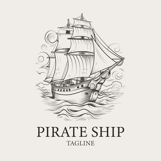 Ilustración de barco pirata vintage dibujado a mano