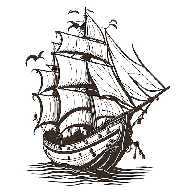 Ilustración de un barco de piratas a vela en el mar