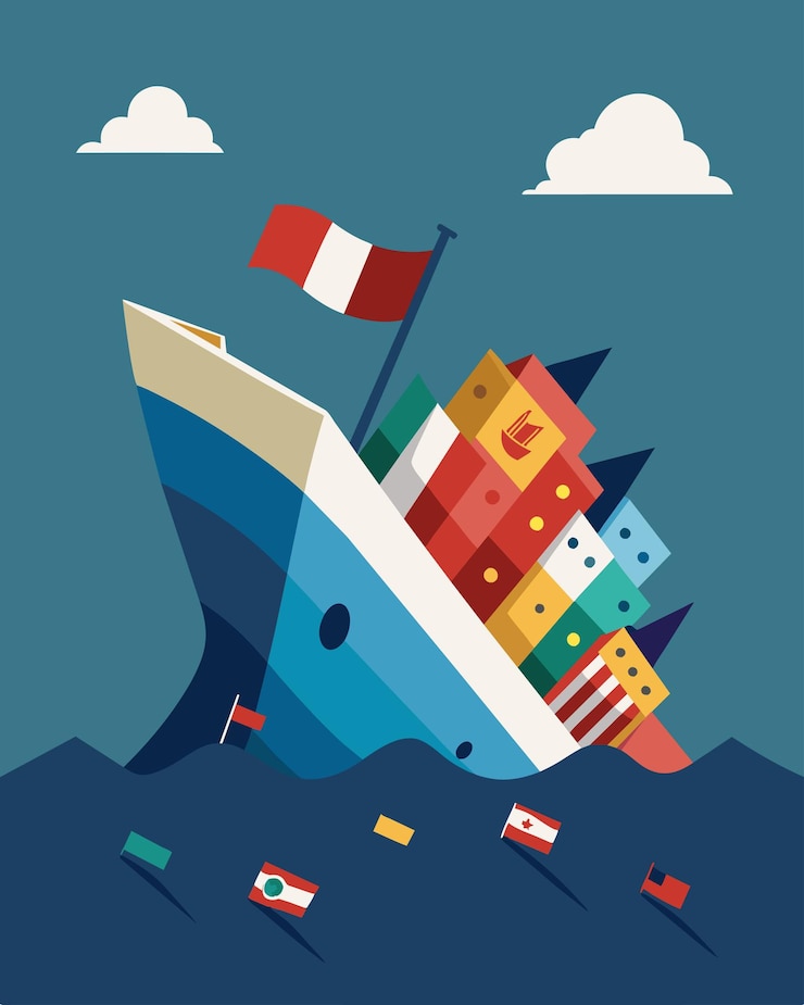 Vector una ilustración de un barco que se hunde con diferentes banderas que representan varios países