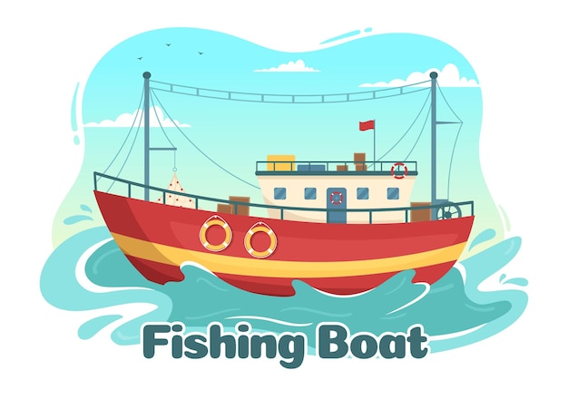 Vector ilustración de barcos de pesca con pescadores cazando peces usando plantillas vectoriales dibujadas a mano