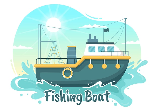 Vector ilustración de barcos de pesca con pescadores cazando peces usando plantillas vectoriales dibujadas a mano