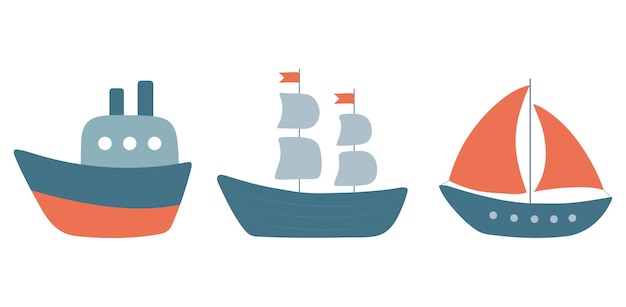Ilustración de barcos vectoriales lindos barco de dibujos animados y yate