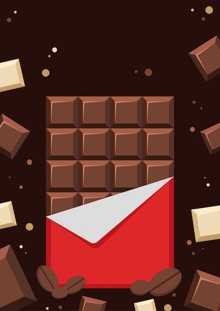 Ilustración de una barra de chocolate envuelta en papel rodeada de pedazos de chocolate y granos de café