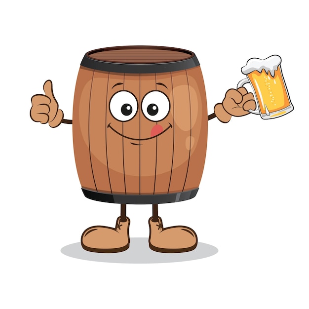 Ilustración del barril de madera del personaje de dibujos animados con los pulgares hacia arriba y sosteniendo un vaso de cerveza