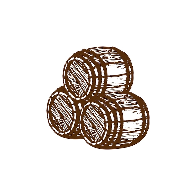 Ilustración de barriles de madera esbozados a mano vectorial. Fondo náutico. Símbolo de cerveza o vino.