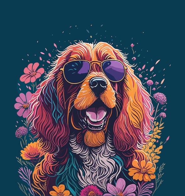 Ilustración de un beagle colorido con gafas de sol aislado en un fondo azul