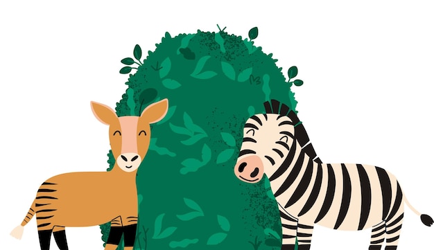 Ilustración de bebé con animales lindos Zebra feliz y okapi en la naturaleza