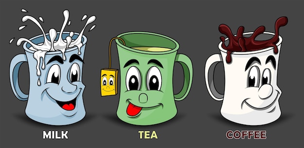 Ilustración de bebidas de té y leche de café de dibujos animados