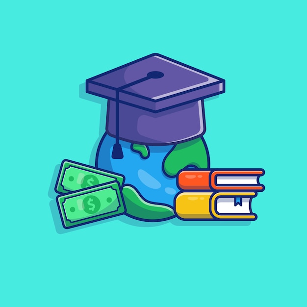 Ilustración de becas. casquillo de la graduación, libro y dinero.