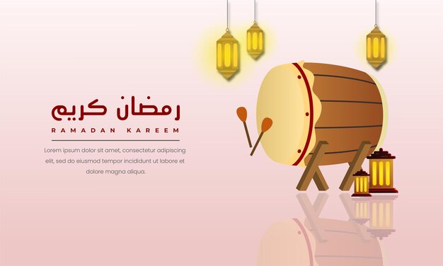 Ilustración de bedug y linternas, saludos de ramadán