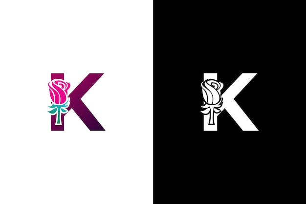 Ilustración Belleza Rosa con letra K signo logo vector plantilla de diseño Letra K con rosa