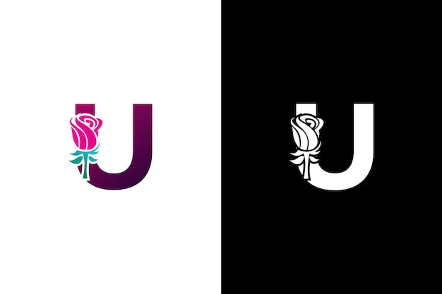 Ilustración Belleza Rosa con letra U signo logo vector plantilla de diseño Letra U con rosa