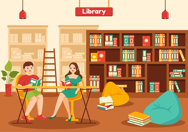 Vector ilustración de biblioteca de estanterías de libros con muebles interiores de madera para educación y conocimiento