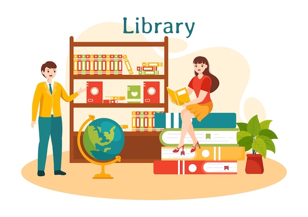 Ilustración de biblioteca de estanterías de libros con muebles interiores de madera para educación y conocimiento