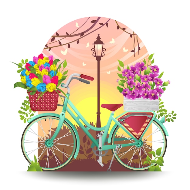 Ilustración de una bicicleta y una canasta llena de flores de primavera