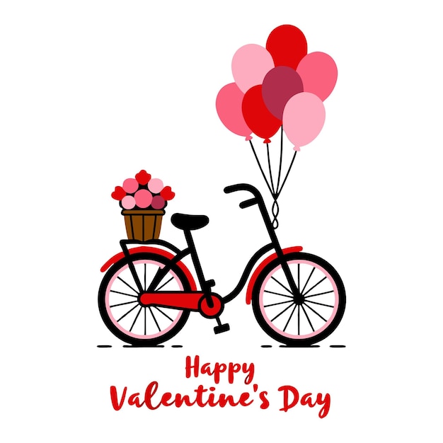 Ilustración de la bicicleta del día de San Valentín con globos y canasta de flores