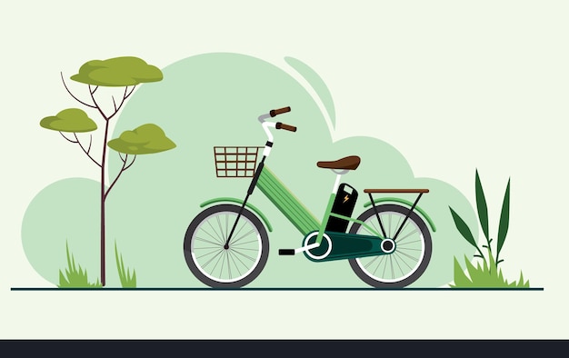 Ilustración de una bicicleta eléctrica verde en un entorno natural