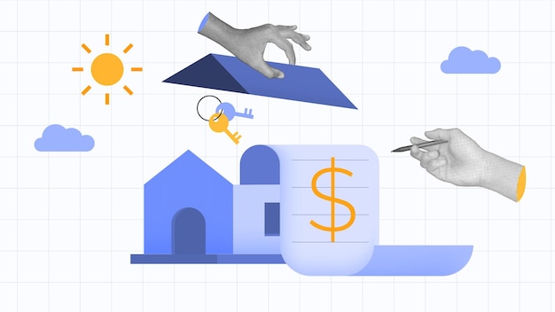 Ilustración de bienes raíces de collage de medio tono con llaves de signo de dólar y gesto de la mano del contrato de la casa