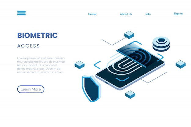 Ilustración biométrica de protección para verificación, ilustración de tecnología usando huellas digitales en estilo isométrico de ilustración 3d