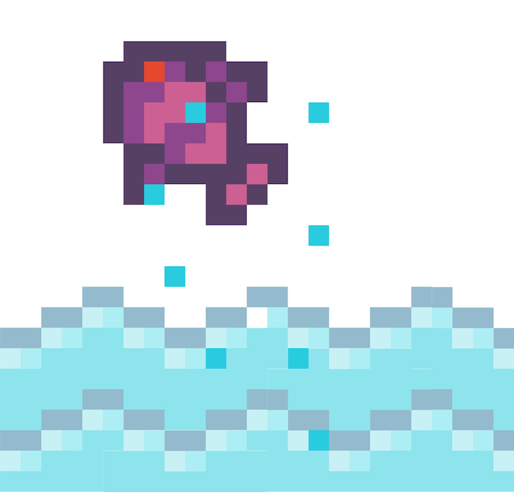 Vector ilustración de bits de estilo de arte de píxeles de carácter de pez de píxeles vectoriales de alevines de píxeles en el agua