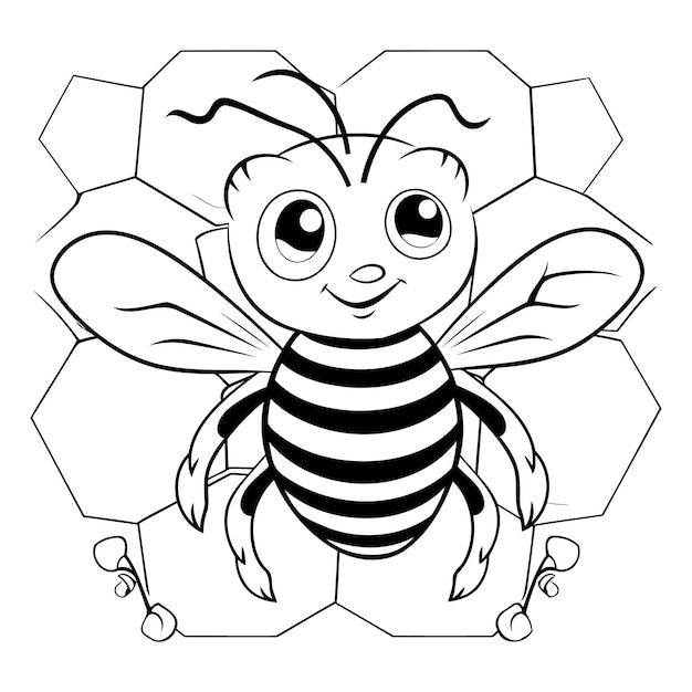 Ilustración en blanco y negro de una abeja sentada en un panal