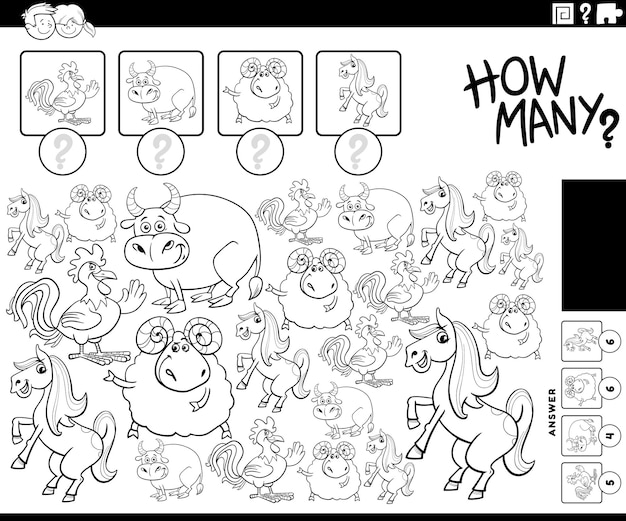 Ilustración en blanco y negro de la actividad educativa de contar con personajes de dibujos animados de animales de granja para colorear página