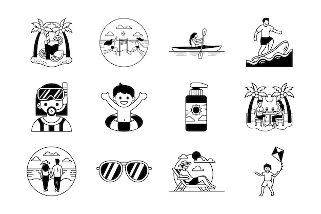 Ilustración en blanco y negro de la actividad de la vida en la playa y las vacaciones de verano
