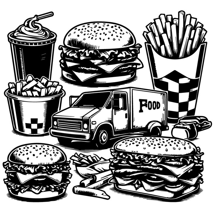 Ilustración en blanco y negro de artículos de comida rápida y camión
