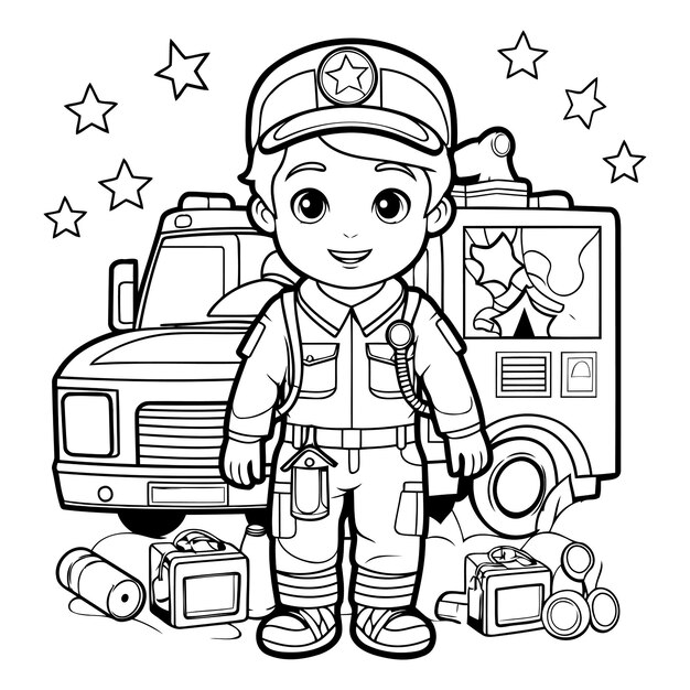 Vector ilustración en blanco y negro de un bombero con un camión de bomberos libro de colorear para niños