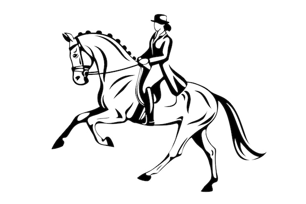 Ilustración en blanco y negro de un caballo y su jinete en un caballo de adestramiento que muestra la elegancia y la precisión en el arte ecuestre
