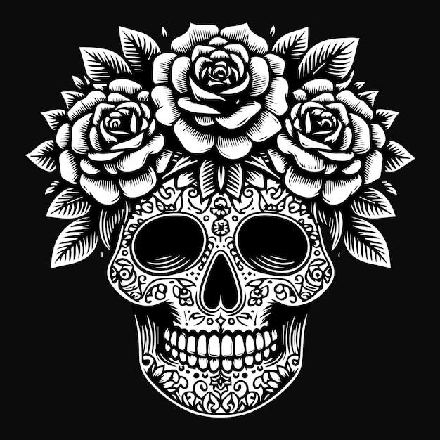 Ilustración en blanco y negro de cabeza de calavera de arte oscuro con flor