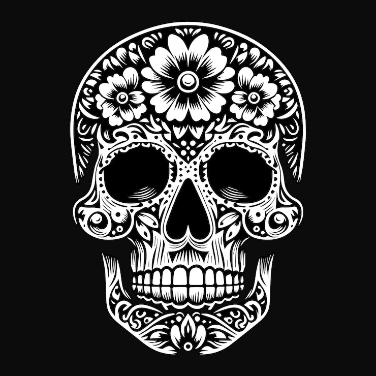 Vector ilustración en blanco y negro de cabeza de calavera de arte oscuro con flor