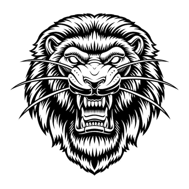 Una ilustración en blanco y negro de una cabeza de león, aislada sobre fondo blanco.