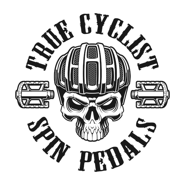 Vector ilustración en blanco y negro de una calavera en casco de ciclista sobre fondo blanco.