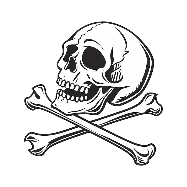 Ilustración en blanco y negro de una calavera y huesos cruzados perfecta para temas de piratas