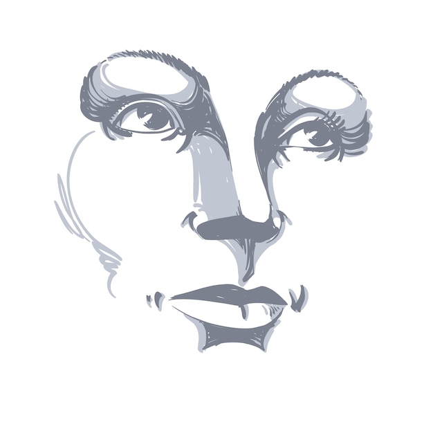 Ilustración en blanco y negro de la cara de la dama, rasgos delicados del rostro. ojos y labios de una mujer que expresan emociones positivas.