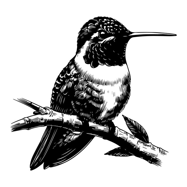 Ilustración en blanco y negro de colibrí de garganta rubí Pájaro tropical boceto de tinta realista Línea