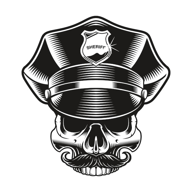 Una ilustración en blanco y negro de un cráneo de policía en blanco