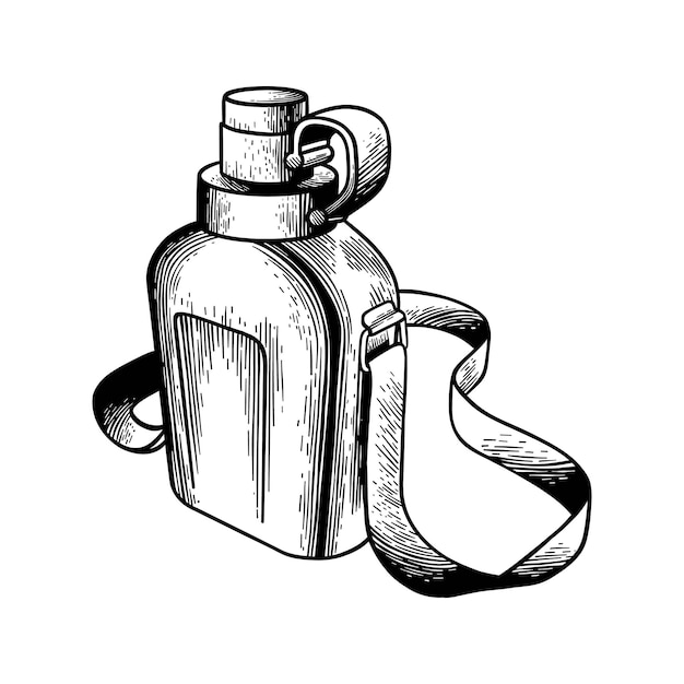 Ilustración en blanco y negro dibujada a mano de una botella de bebida para acampar