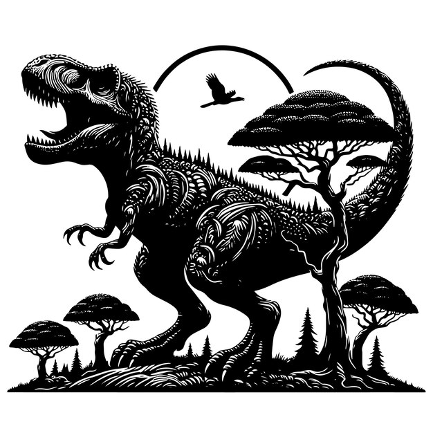 Ilustración en blanco y negro de un dinosaurio TRex