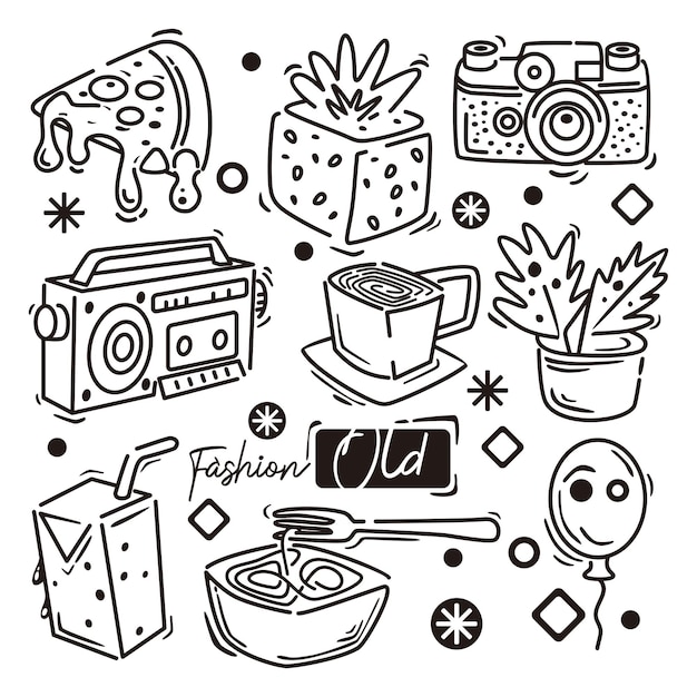 ilustración en blanco y negro de doddle de moda antigua