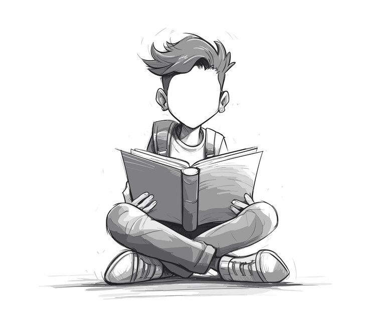 Ilustración en blanco y negro de estudiante leyendo un libro