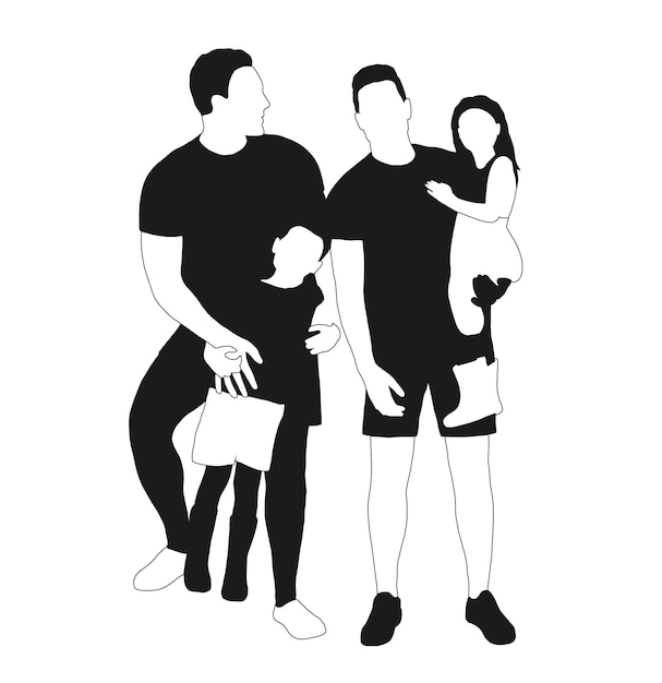 Una ilustración en blanco y negro de una familia con un niño.