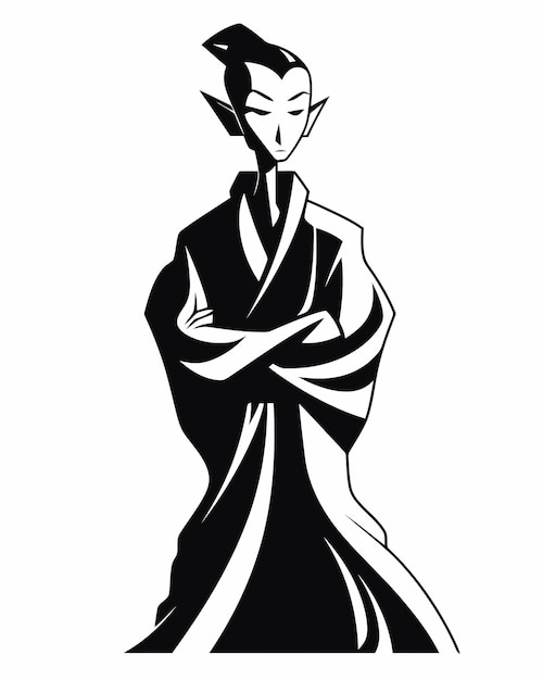 Una ilustración en blanco y negro de un hombre japonés en un kimono.