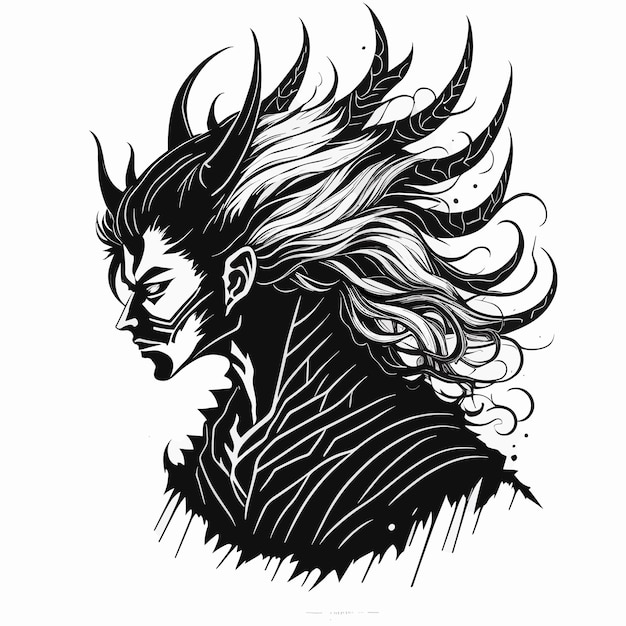 Una ilustración en blanco y negro de un hombre con el pelo largo y una corona.