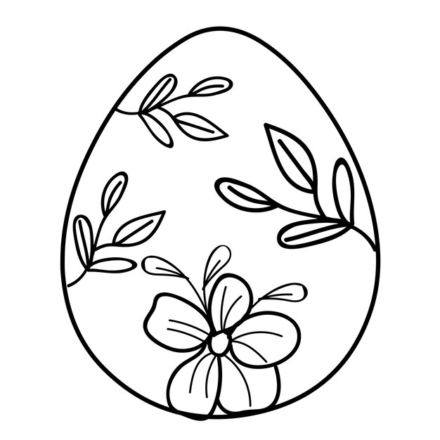 Una ilustración en blanco y negro de un huevo de Pascua con flores y hojas.