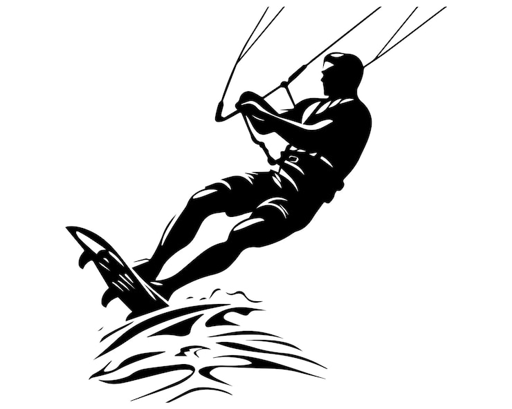 Ilustración en blanco y negro de un kiteboarder deslizándose sobre el agua