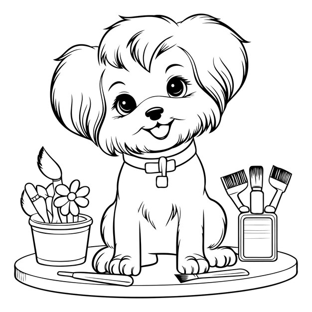 Vector ilustración en blanco y negro de un lindo perro con un pincel y un frasco de pintura